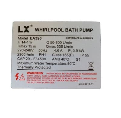 LX Whirlpool EA390 1.25hp spa pump