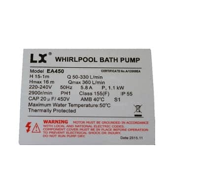LX Whirlpool EA450 1.5hp spa pump